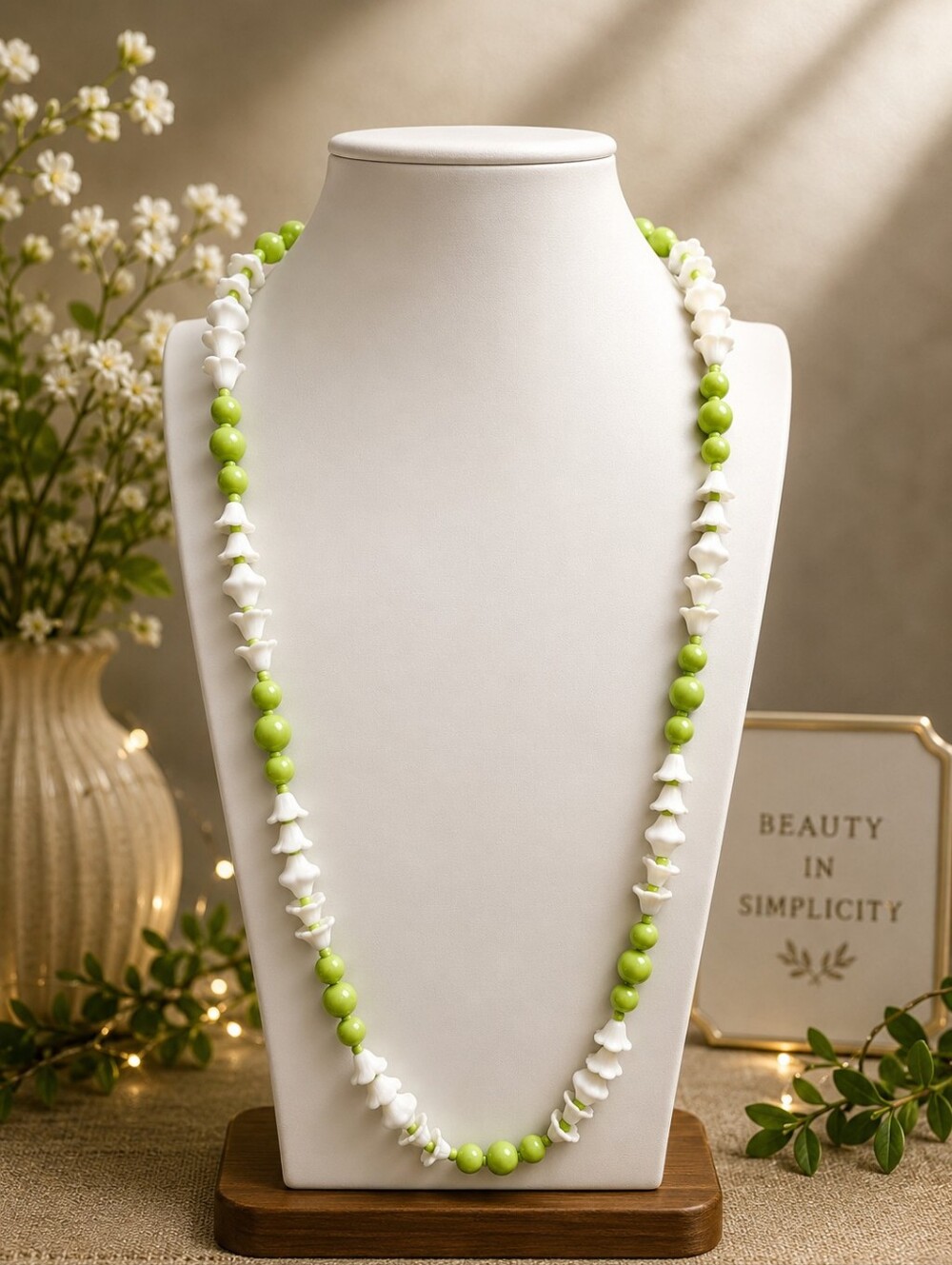 Vtg SIGNED Miriam Haskell Necklce White Milk Glass Green Enamel Tulip Flower